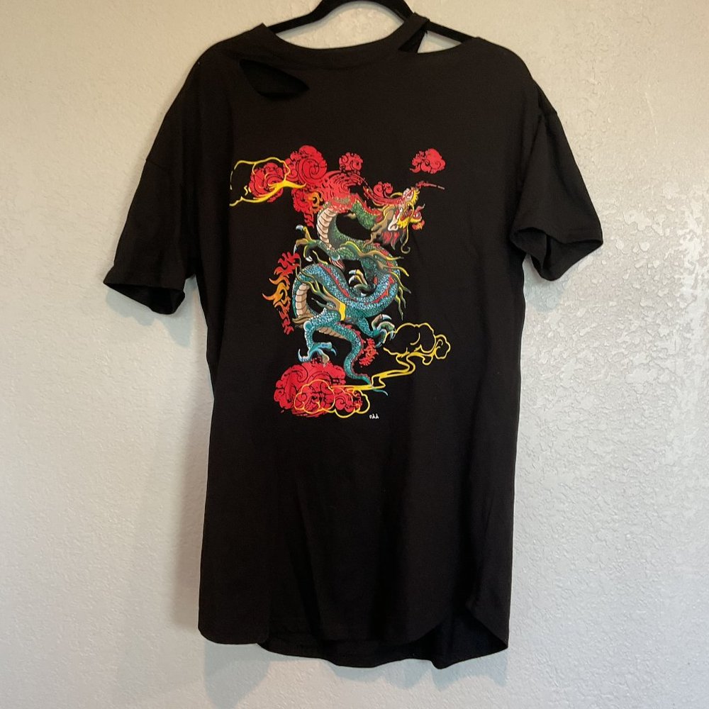 One Above Another oversized t-shirt dress with distressing with dragon print